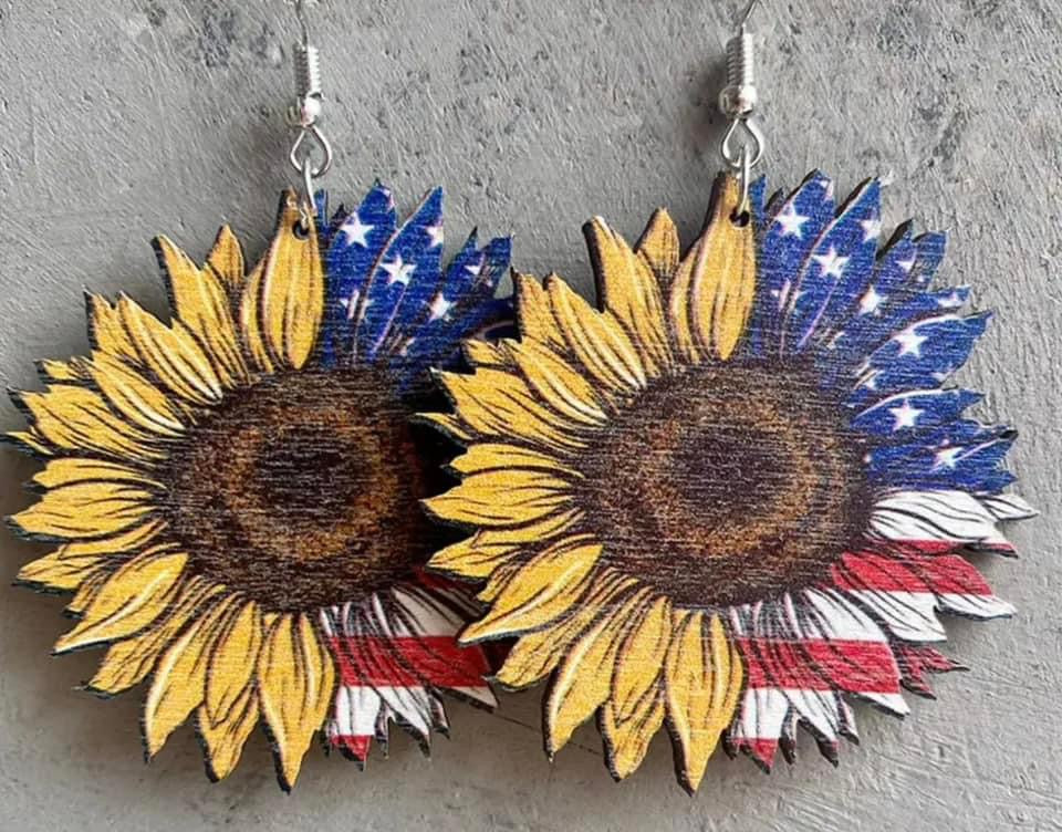 Wooden Sunflower American Flag Earrings