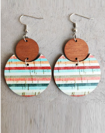 Wooden Circle Striped Earrings