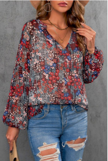 Floral Print V Neck Puff Sleeve Top