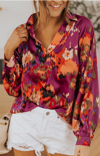 Graffiti Printed V Neck Puff Sleeve Top - PURPLE