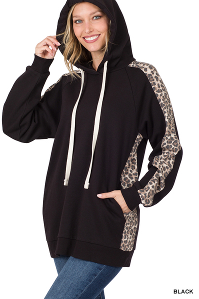 BLACK SIDE LEOPARD TRIM HOODIE