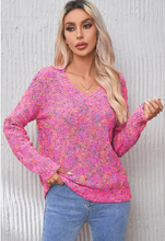 Load image into Gallery viewer, Dark Pink Colorful Spots Knitted V Neck Casual Sweater
