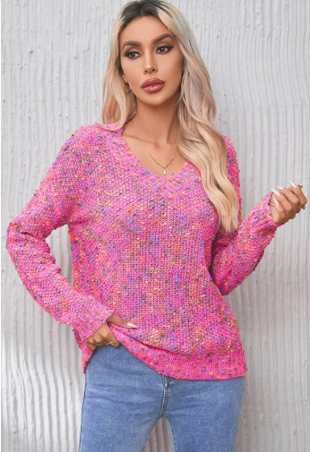 Dark Pink Colorful Spots Knitted V Neck Casual Sweater