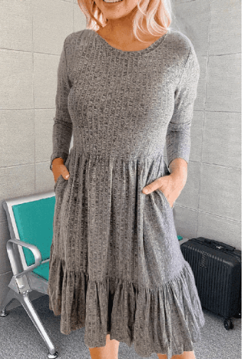 Grey Long Sleeve Ruffle Dress