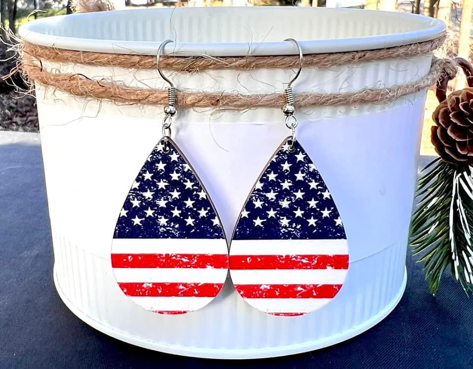 Wooden American Flag Teardrop Earrings