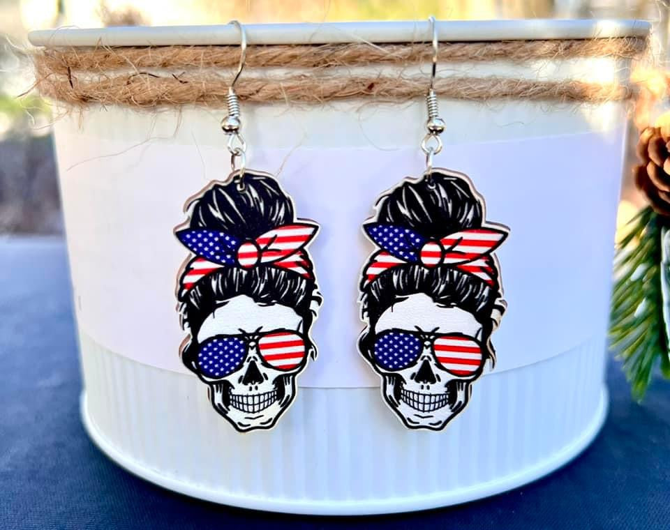 Wooden Amerian Flag Skull Earrings