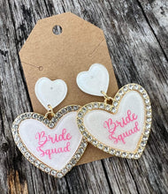 Load image into Gallery viewer, Metal &amp; Acrylic Heart BRIDE SQUAD Earrings
