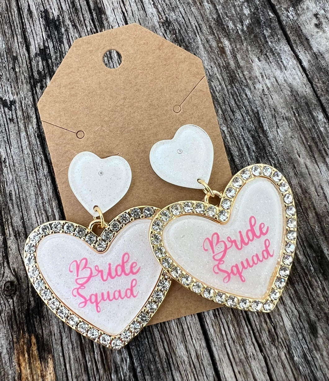 Metal & Acrylic Heart BRIDE SQUAD Earrings