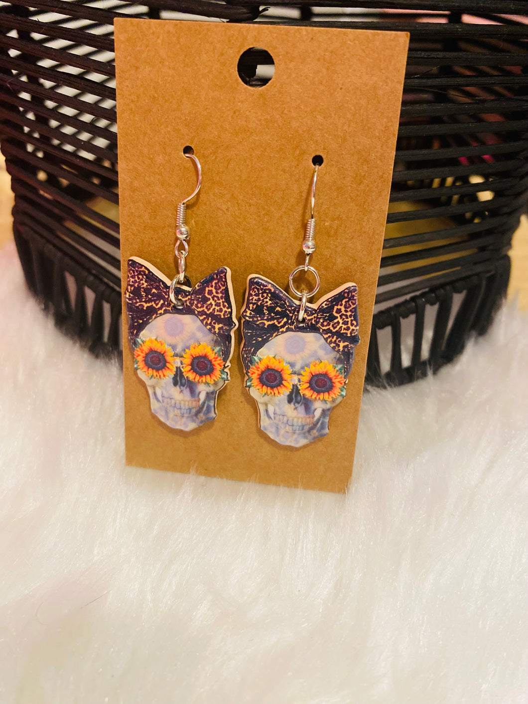 Acrylic Leopard/Sunflower Skull Earrings