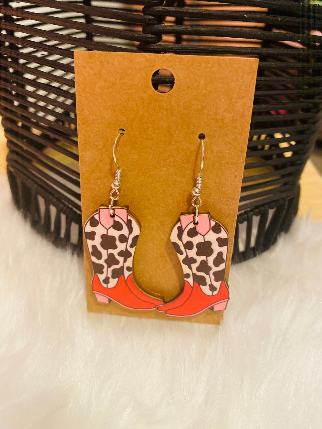 Wooden Cow Print & Pink COWGIRL BOOT Earrings