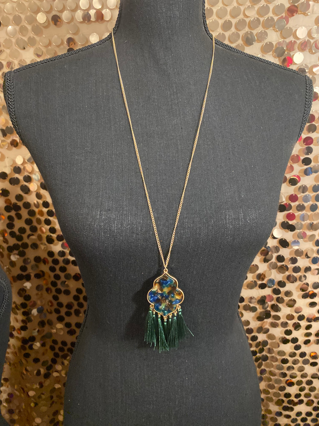 Gold Hunter Green & Tan Tassel Necklace