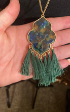 Load image into Gallery viewer, Gold Hunter Green &amp; Tan Tassel Necklace
