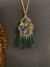 Load image into Gallery viewer, Gold Hunter Green &amp; Tan Tassel Necklace
