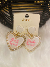 Load image into Gallery viewer, Metal &amp; Acrylic Heart BRIDE SQUAD Earrings
