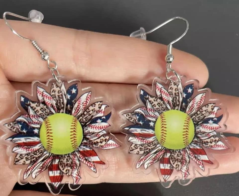 Acrylic Softball Sunflower Earrings