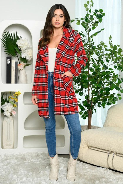 Plaid Long-Sleeve Collared Longline Jacket With Front Pockets