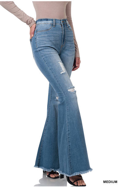 Zenana HIGH-RISE DISTRESSED FLARE RAW HEM DENIM