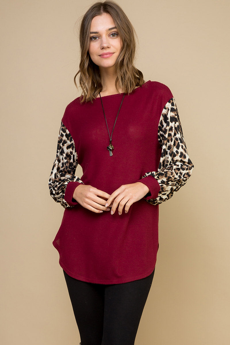 Burgundy Tunic Top with Leopard Sleeves