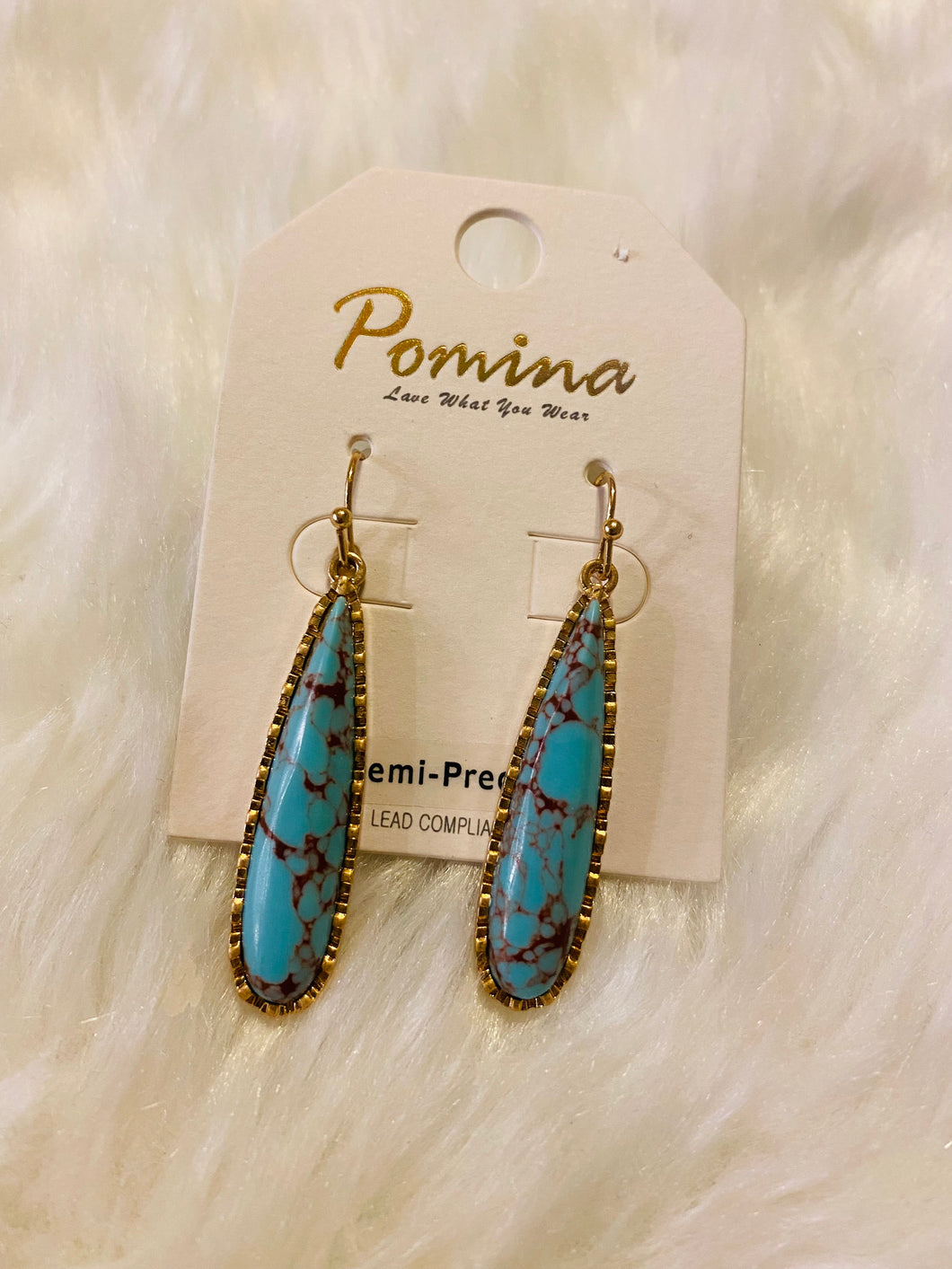 Gold with Teal & Brown Marble Stone Earrings