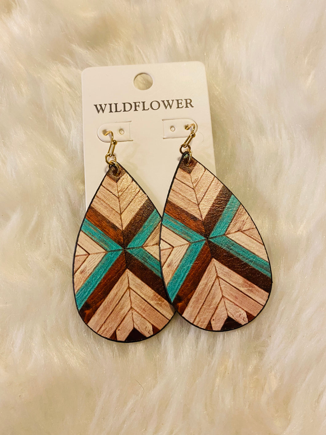 Aztec Cream Teal & Brown Leather Teardrop Earrings