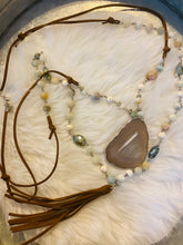 Load image into Gallery viewer, Glass Beaded &amp; Leather Necklace with Colored Stone &amp; Tan Tassel
